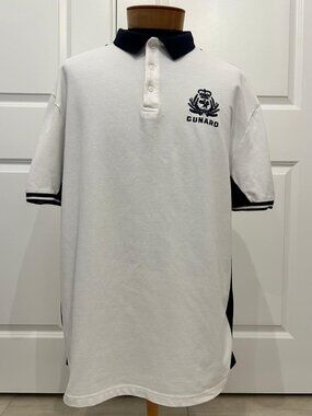 Cunard White & Navy Blue Embroidered Crest Short Sleeve Polo Shirt Men’s XL